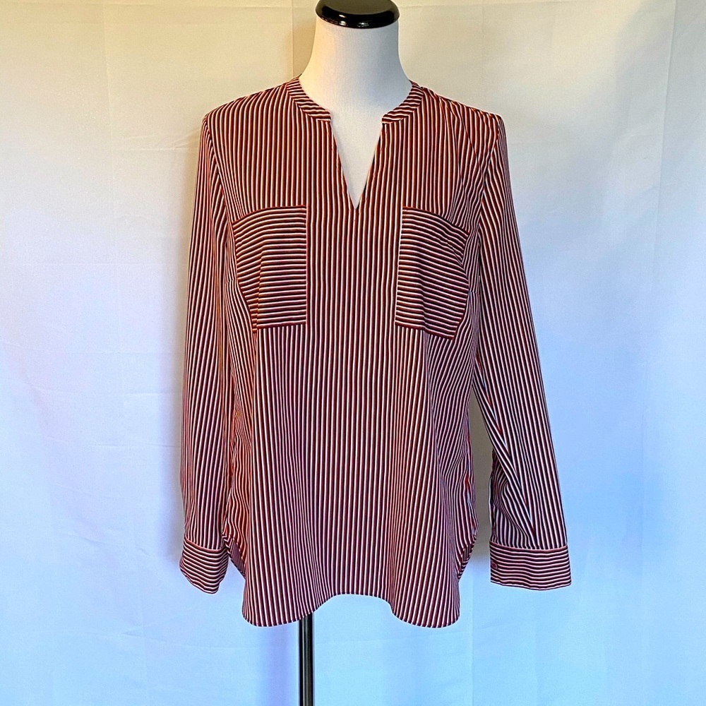 Cabi tunic style red white and navy stripe long sleeve blouse size small